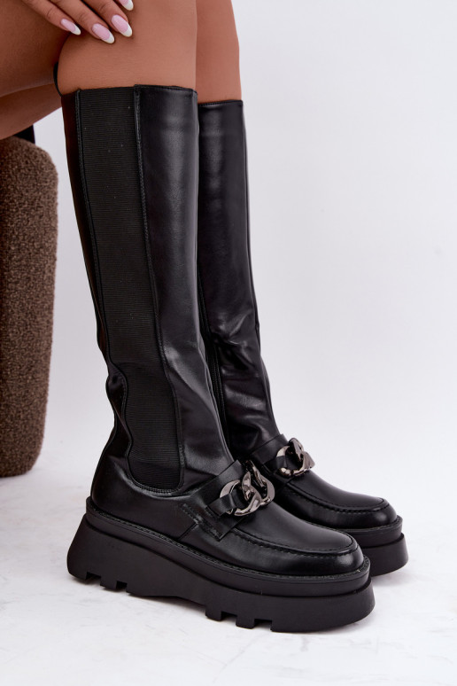 faux fur knee-high boots with platform and chains in black color Koraia