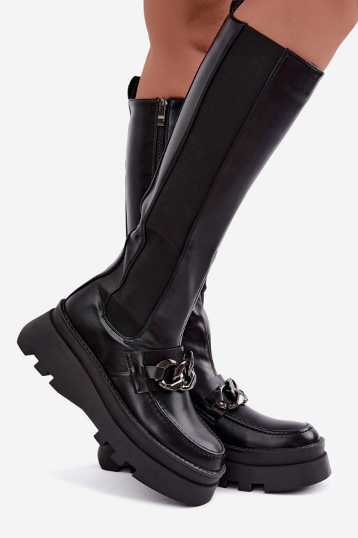 faux fur knee-high boots with platform and chains in black color Koraia