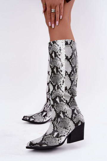 faux fur knee-high cowboy-style boots with snake patterns in black color Bellina 2