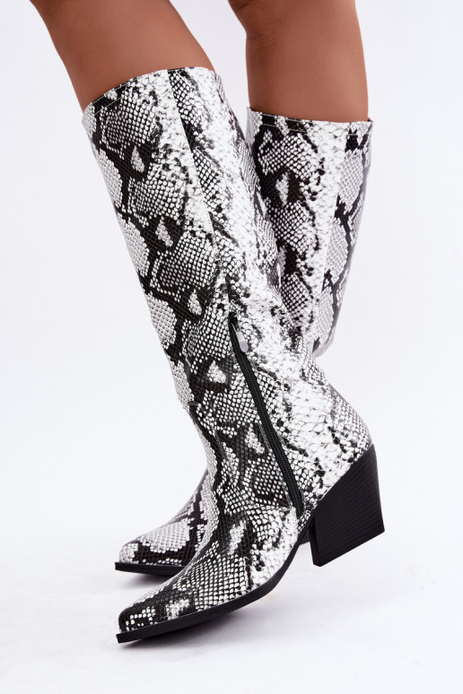 faux fur knee-high cowboy-style boots with snake patterns in black color Bellina