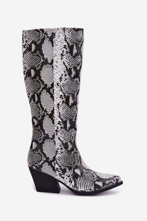 faux fur knee-high cowboy-style boots with snake patterns in black color Bellina