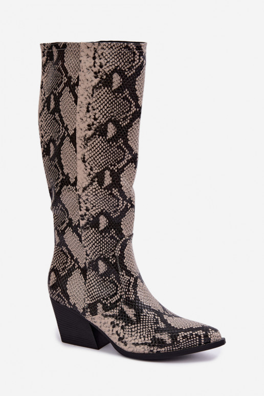 faux fur knee-high cowboy-style boots with snake patterns in sand color Bellina