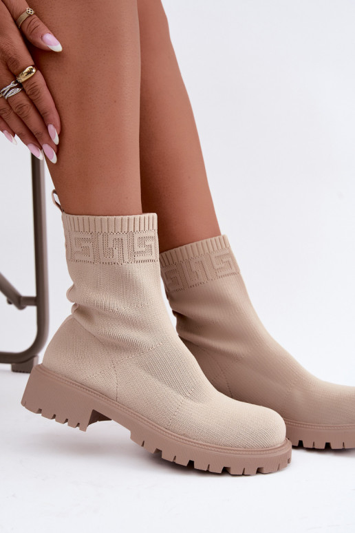Sand sock-style ankle boots with wide heels Isaline