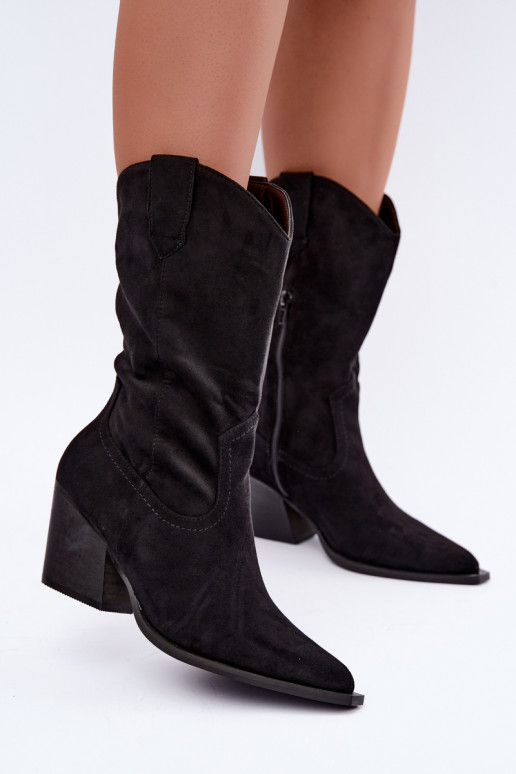 Czarne ocieplane botki w stylu kowbojskim z obcasami Serenza