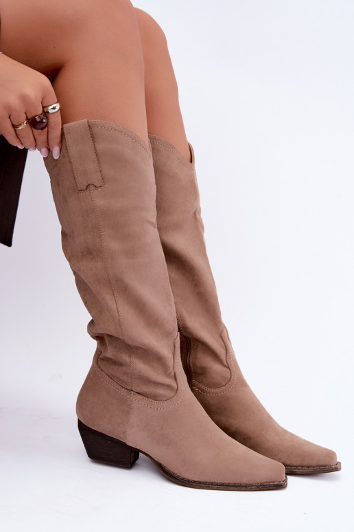 Beige cowboy knee-high boots with low heel Grisel