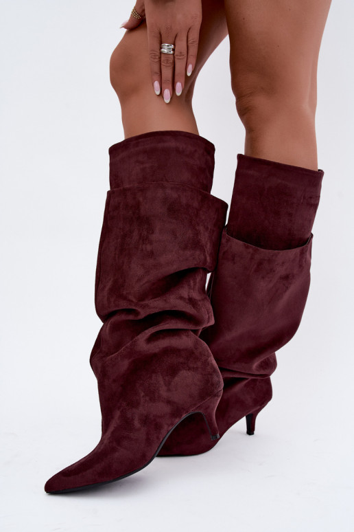 Orielle warm long boots with ruffles and heels in burgundy
