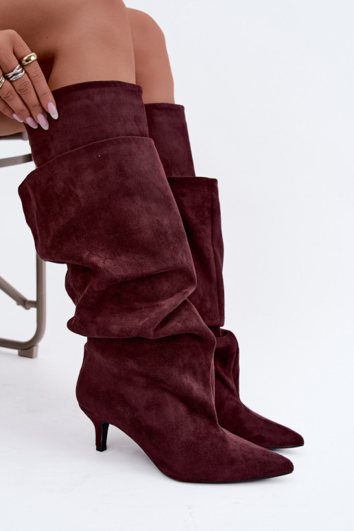 Orielle warm long boots with ruffles and heels in burgundy