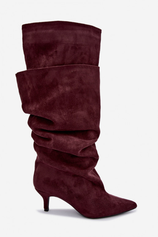 Orielle warm long boots with ruffles and heels in burgundy