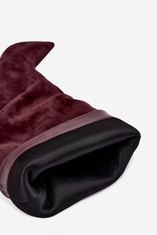 Orielle warm long boots with ruffles and heels in burgundy