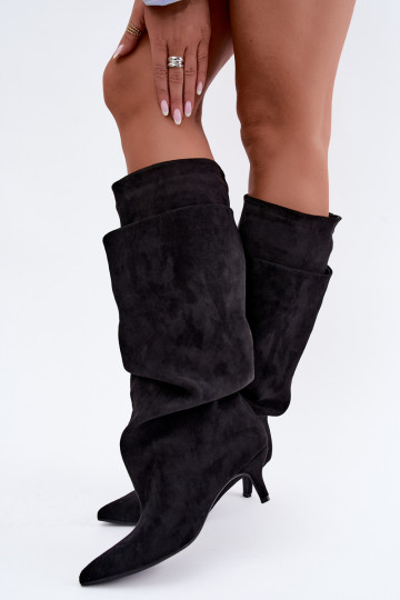Orielle warm long boots with ruffles and heels in black