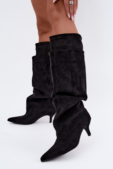 Orielle warm long boots with ruffles and heels in black 2