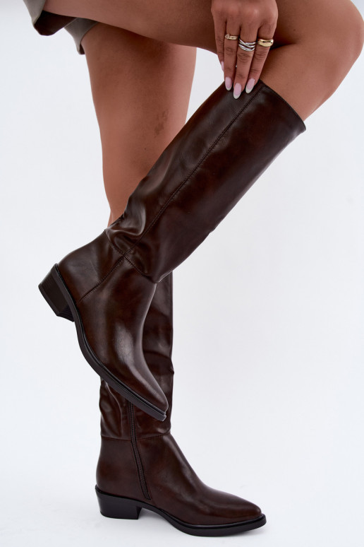 Philomene warm low-heeled long boots in chocolate