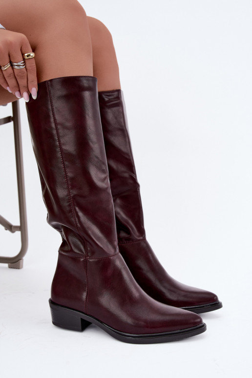 Philomene warm low-heeled long boots in burgundy