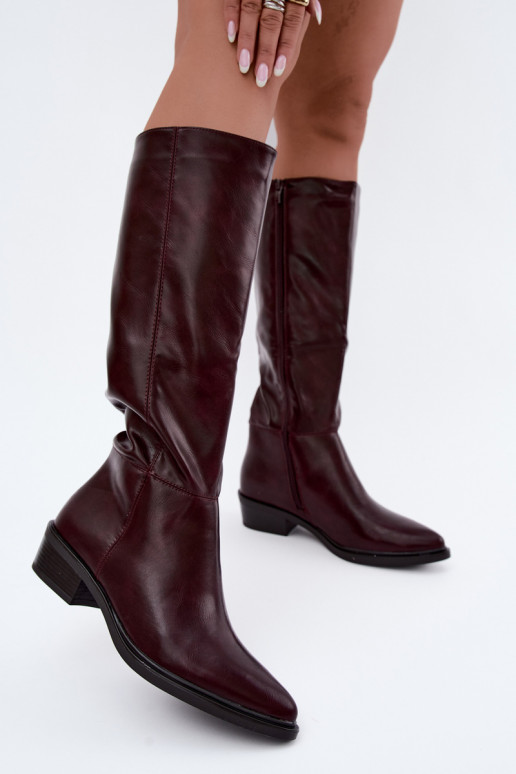 Philomene warm low-heeled long boots in burgundy