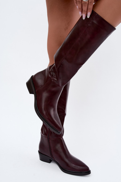 Philomene warm low-heeled long boots in burgundy
