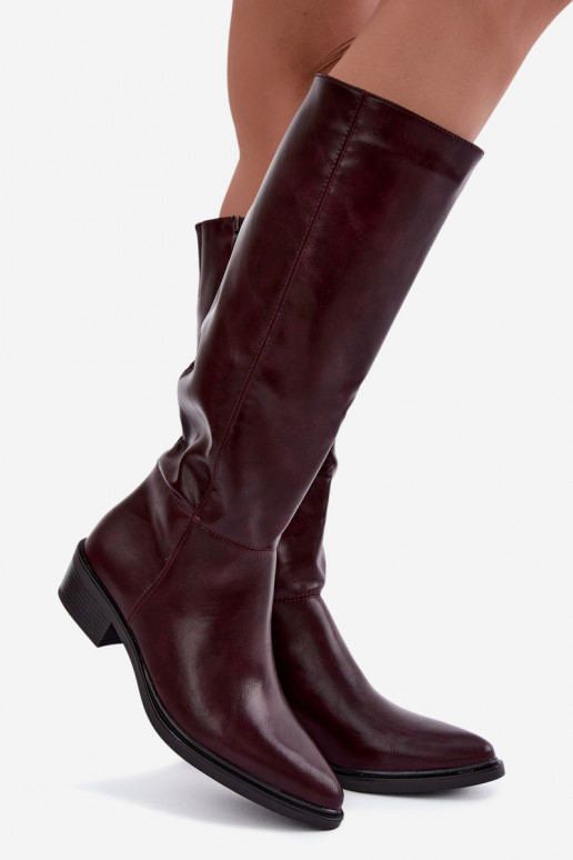 Philomene warm low-heeled long boots in burgundy