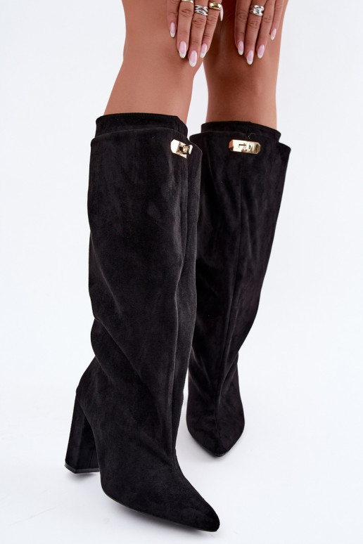 Warm knee-high boots with double shaft and heels, black, made of faux suede Luminelle