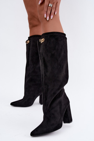 Warm knee-high boots with double shaft and heels, black, made of faux suede Luminelle 2