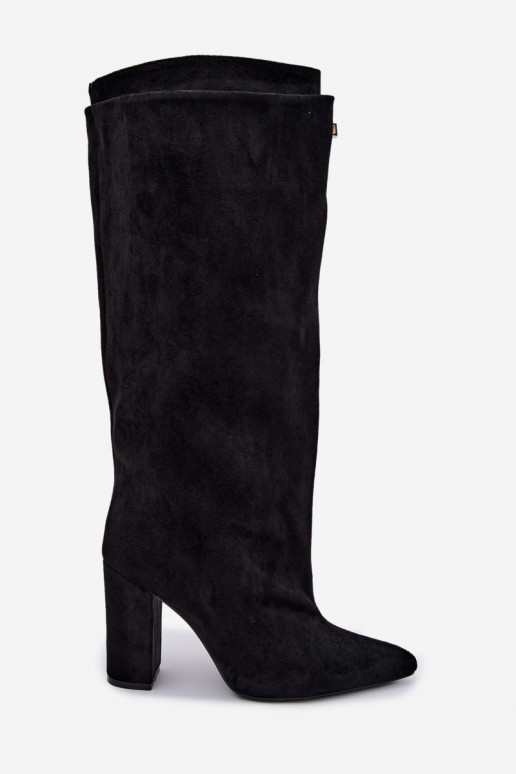 Warm knee-high boots with double shaft and heels, black, made of faux suede Luminelle