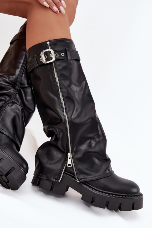 Black insulated over-the-knee boots with sewn choleika and silver buckles Armena