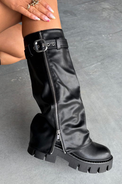 Black insulated over-the-knee boots with sewn choleika and silver buckles Armena