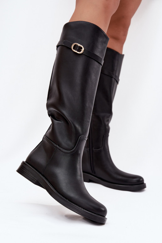 Black women's over-the-knee boots with wide heels and gold buckles Sylvena