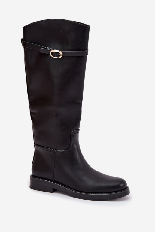 Black women's over-the-knee boots with wide heels and gold buckles Sylvena