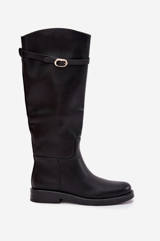 Black women's over-the-knee boots with wide heels and gold buckles Sylvena