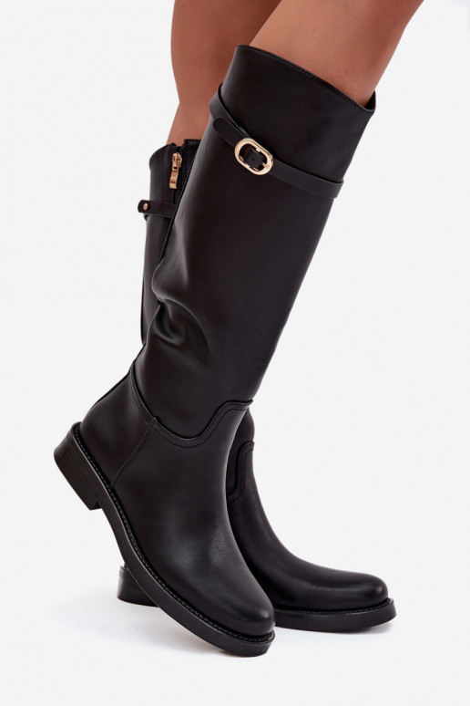 Black women's over-the-knee boots with wide heels and gold buckles Sylvena