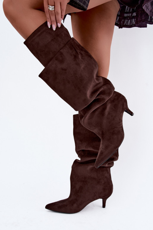 Warm knee-high boots with ruffles and heels in chocolate color Oriellea