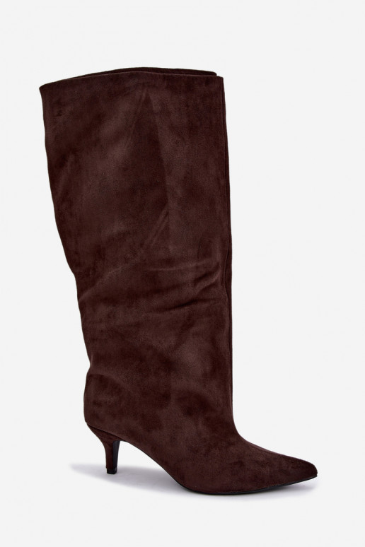Warm knee-high boots with ruffles and heels in chocolate color Oriellea