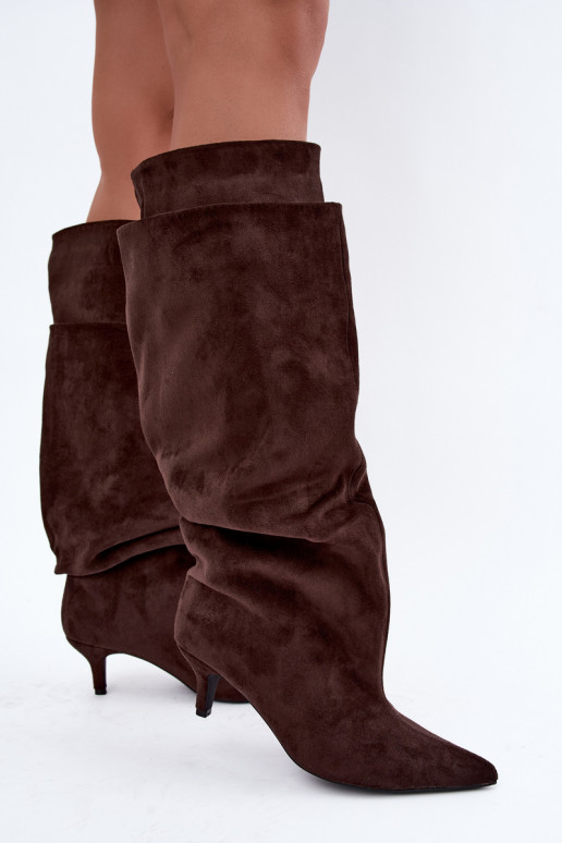 Warm knee-high boots with ruffles and heels in chocolate color Oriellea