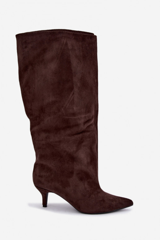 Warm knee-high boots with ruffles and heels in chocolate color Oriellea