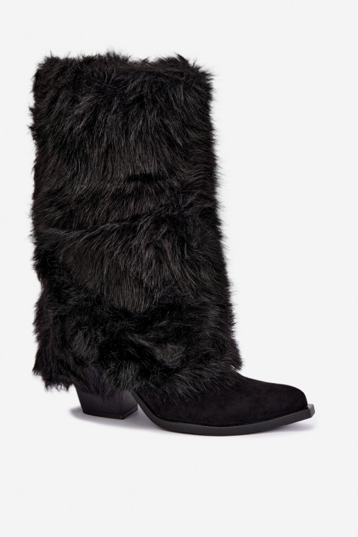 Warm knee-high boots with fur and lacing in black color Saphielle