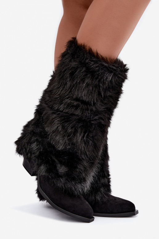 Warm knee-high boots with fur and lacing in black color Saphielle
