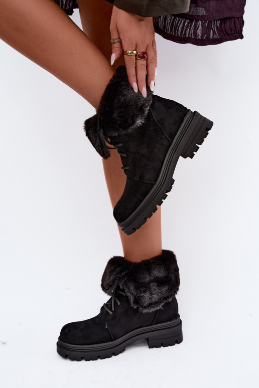 Warm lace-up ankle boots with fur inside in black color Heloise