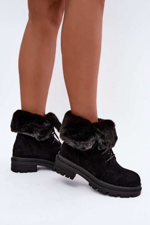 Warm lace-up ankle boots with fur inside in black color Heloise