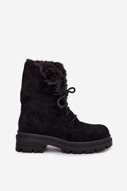 Warm lace-up ankle boots with fur inside in black color Heloise