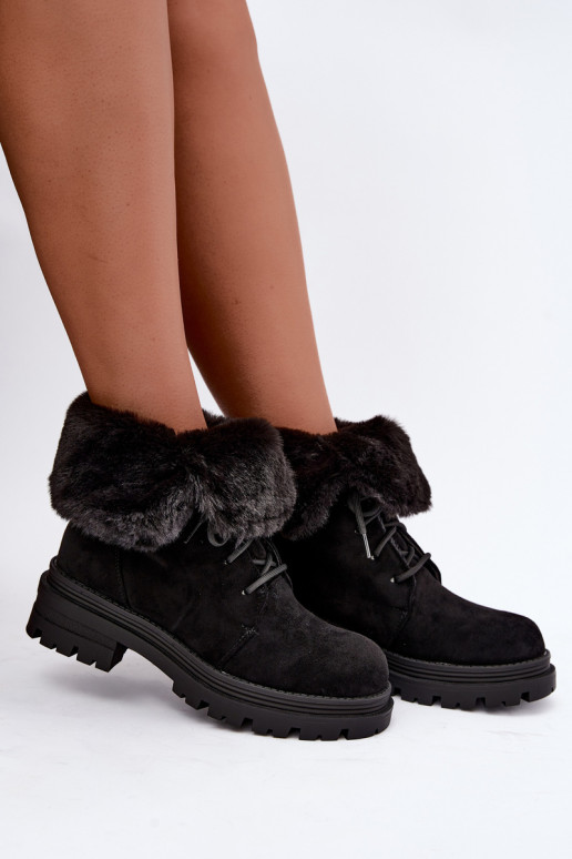 Warm lace-up ankle boots with fur inside in black color Heloise