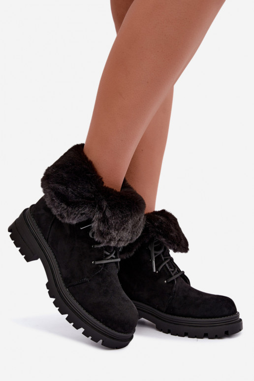 Warm lace-up ankle boots with fur inside in black color Heloise