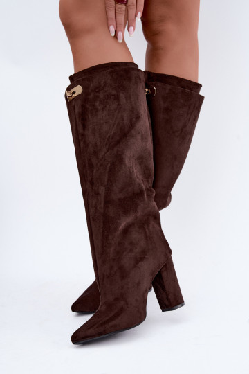 Warm knee-high boots with double shaft and heels in chocolate color made of suede Luminelle 2