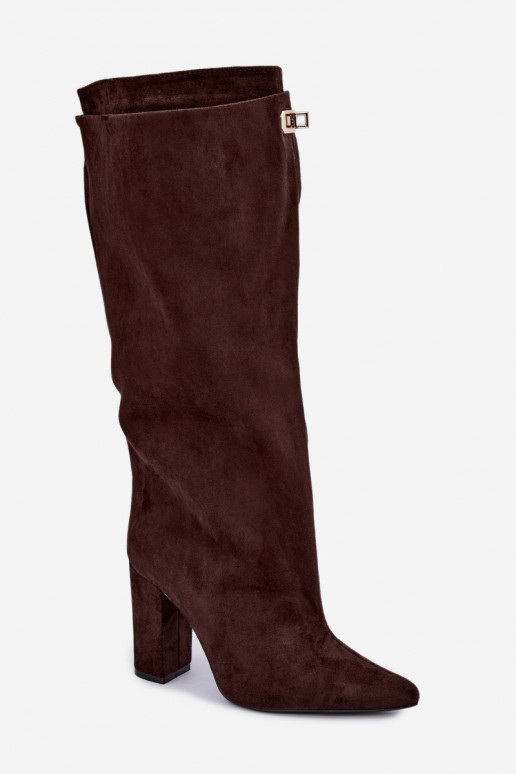 Warm knee-high boots with double shaft and heels in chocolate color made of suede Luminelle