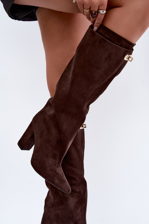 Warm knee-high boots with double shaft and heels in chocolate color made of suede Luminelle