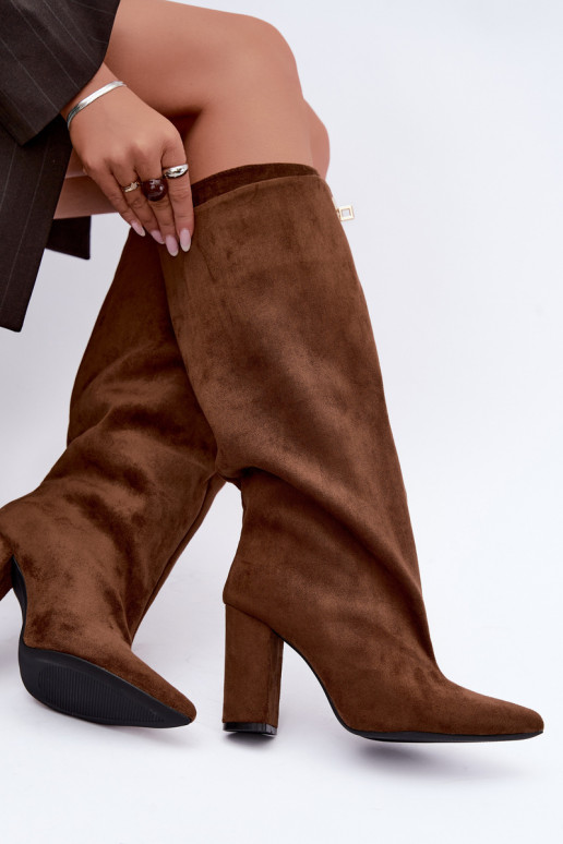 Warm knee-high boots with double shaft and heels in brown color made of suede Luminelle