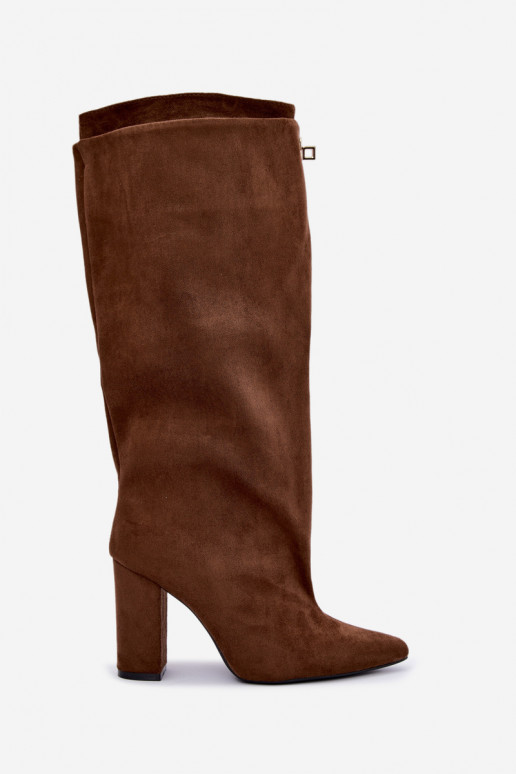 Warm knee-high boots with double shaft and heels in brown color made of suede Luminelle