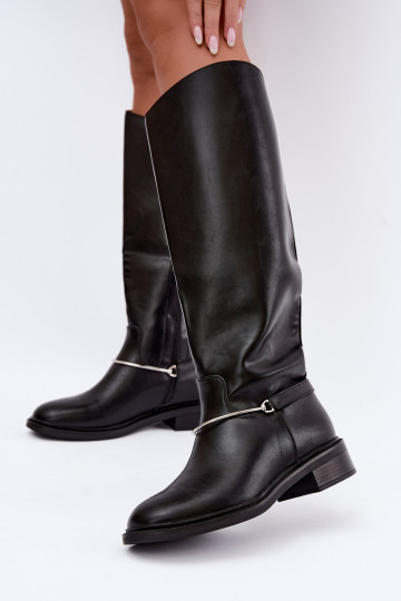 Knee-high boots with wide heels and decorative ribbons in black color INillene 2