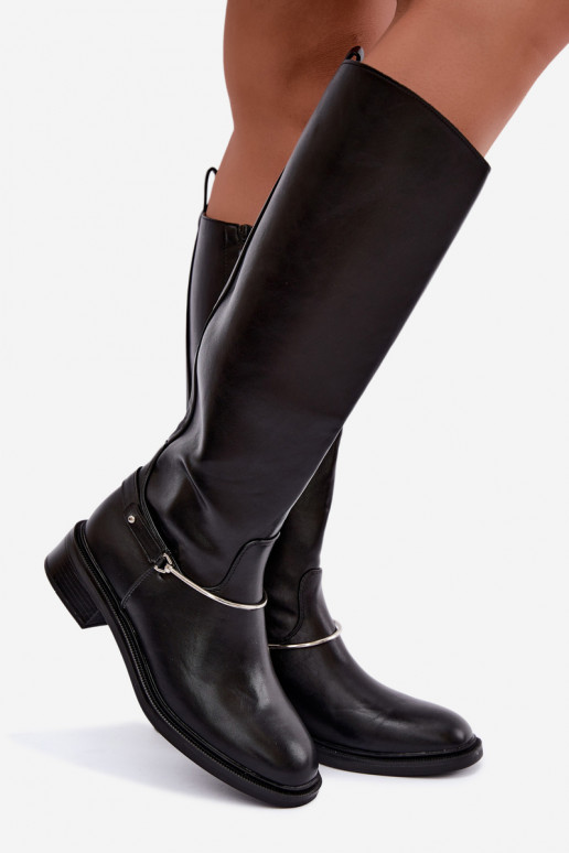 Knee-high boots with wide heels and decorative ribbons in black color INillene
