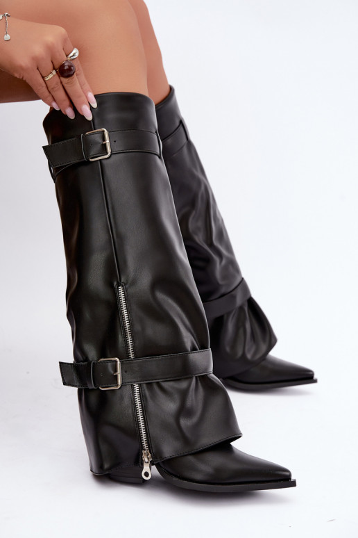 Knee-high boots with heels and lacing with ribbons and buckles in black color Amorette