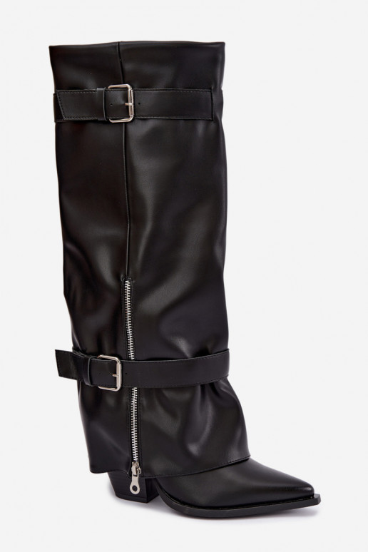 Knee-high boots with heels and lacing with ribbons and buckles in black color Amorette