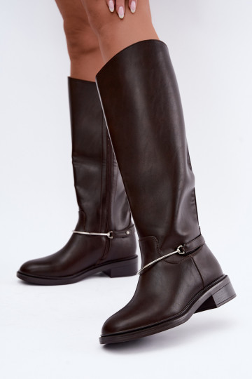 Knee-high boots with wide heels and decorative ribbons in chocolate color INillene 2